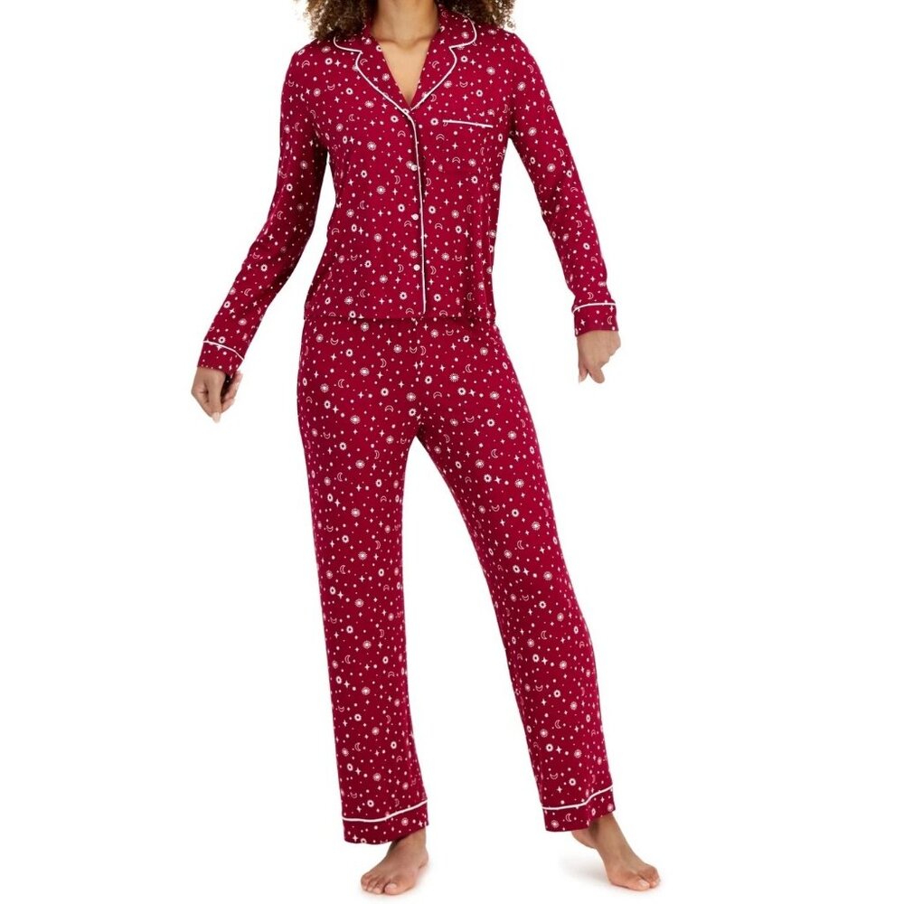 Jenni Women's 2-Piece Notch-Collar Pajama Set, Dark Red Suns and Moons, XS